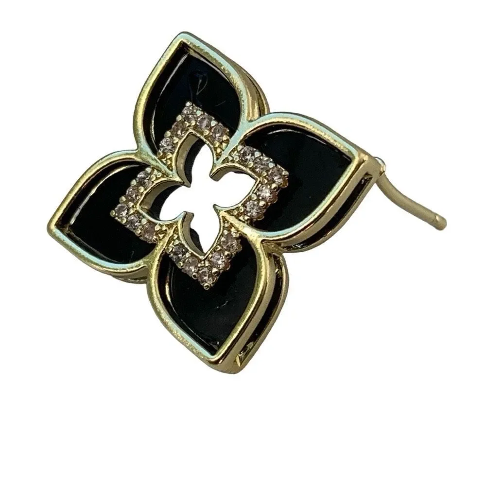 Black Enamel Quatrefoil Flower Stud Earrings with Crystal Accents